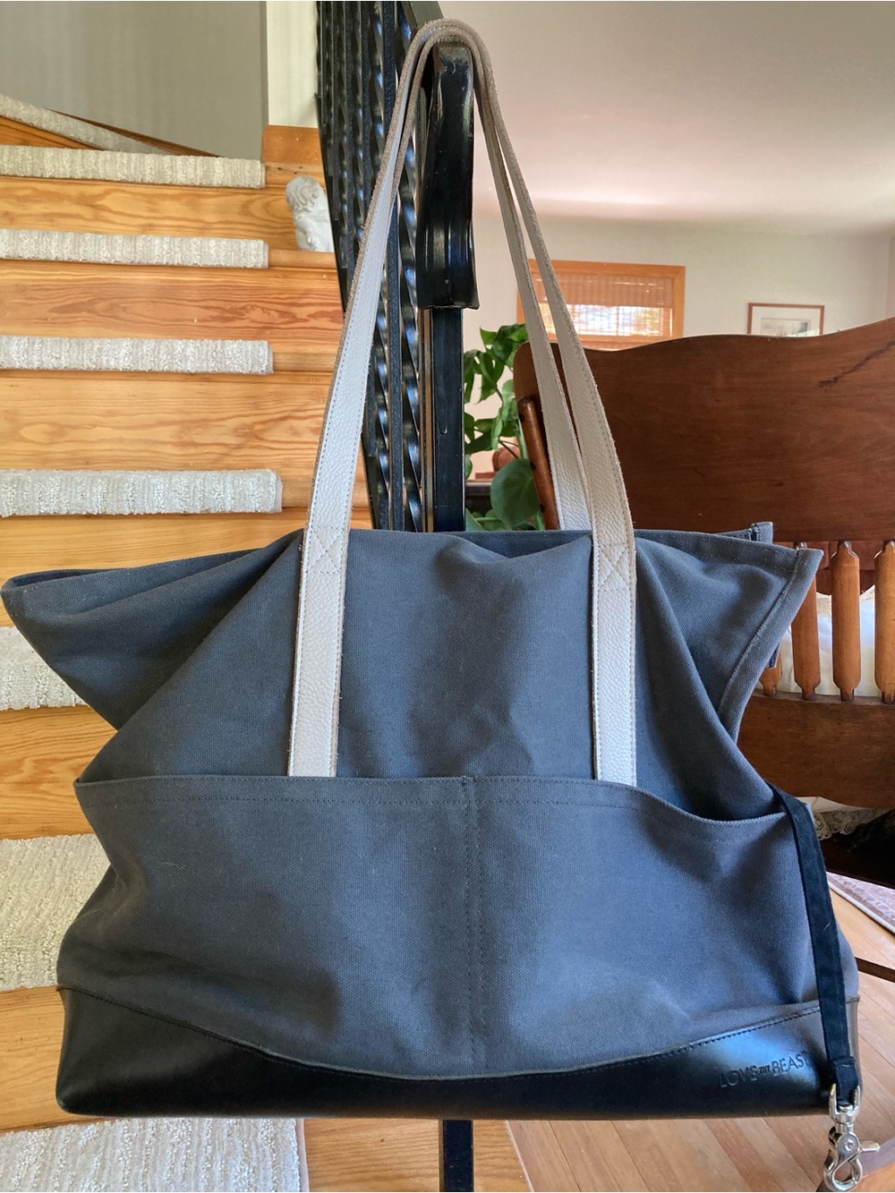 LoveThyBeast canvas and leather large pet carrier tote bag gray and cream